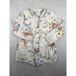 John Mark  Linen Tunic Top Women's Medium Beige Floral Roll Tab 3/4 Sleeve